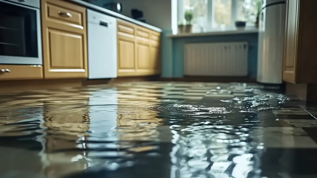 A kitchen floor with standing flood water