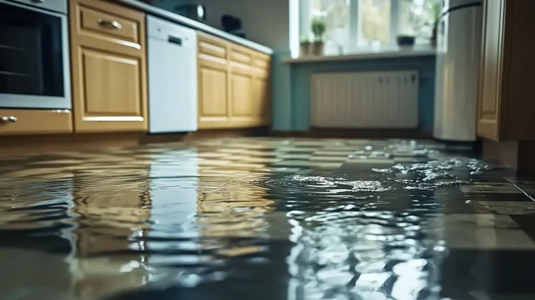 sewage cleanup - A kitchen floor with standing flood water