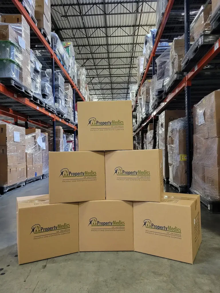 Stacked boxes with the Property Medics logo on them