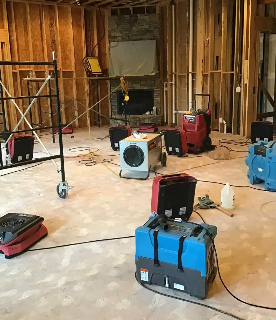 Water mitigation equipment on the floor of an empty room