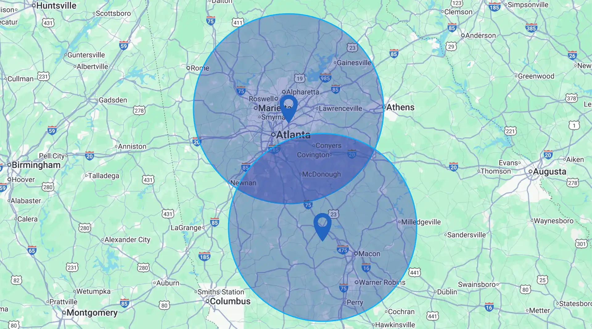 A map of Georgia with pins in Peachtree Corners and Forsyth