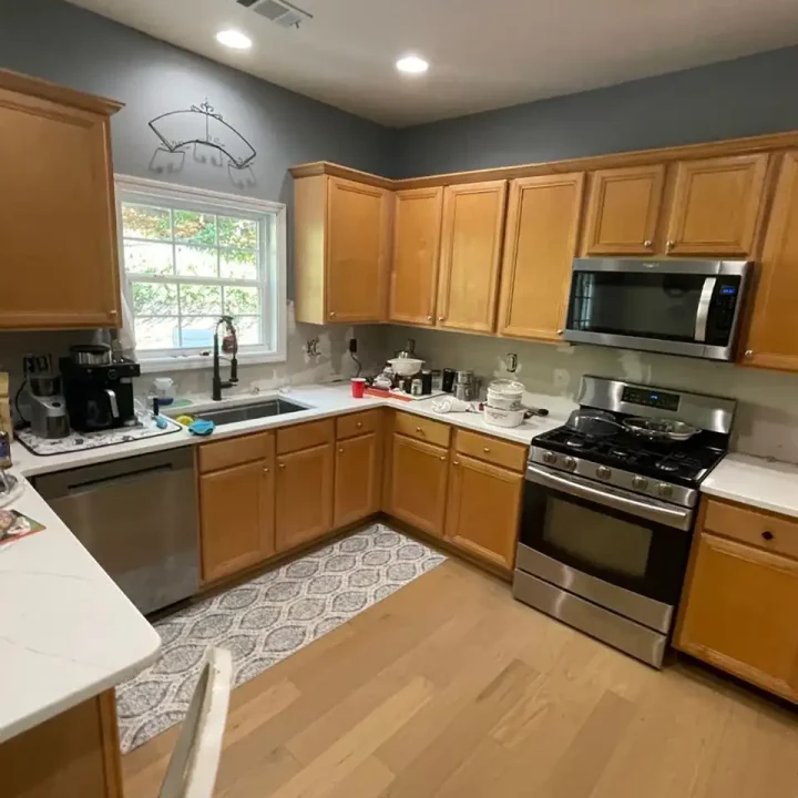 a kitchen with wood tiles