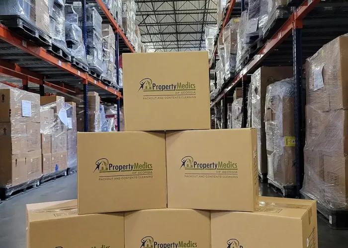 Stacked boxes with the Property Medics logo on them