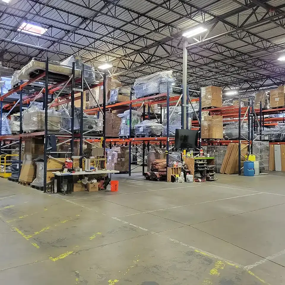 A warehouse with boxes and shelves